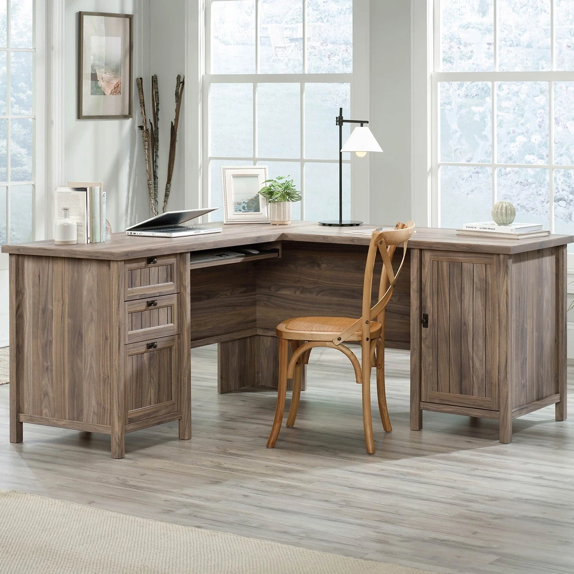 New ❤️ Sauder Costa Washed Walnut L-Shaped Desk With File Drawer ✨ 1 New ❤️ Sauder Costa Washed Walnut L-Shaped Desk With File Drawer ✨